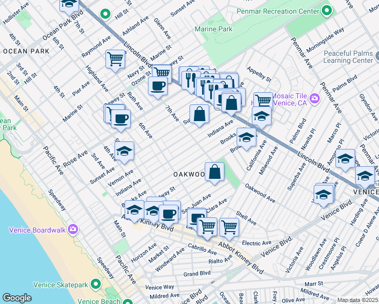 map of restaurants, bars, coffee shops, grocery stores, and more near 656 Indiana Avenue in Los Angeles