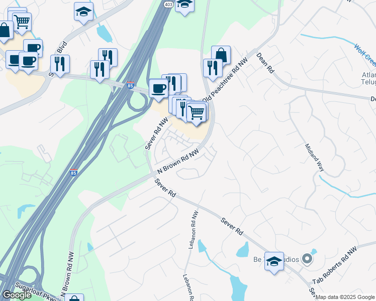 map of restaurants, bars, coffee shops, grocery stores, and more near 1420 Ruffner Lane in Lawrenceville