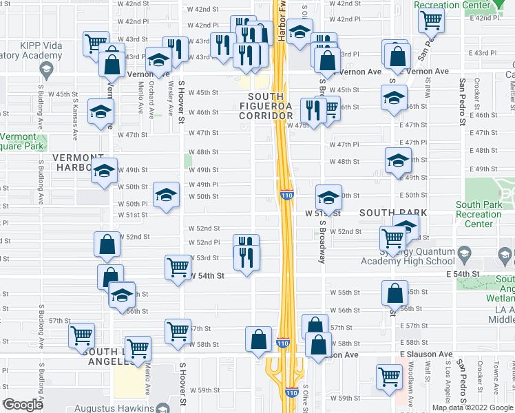 map of restaurants, bars, coffee shops, grocery stores, and more near 454 West 50th Street in Los Angeles