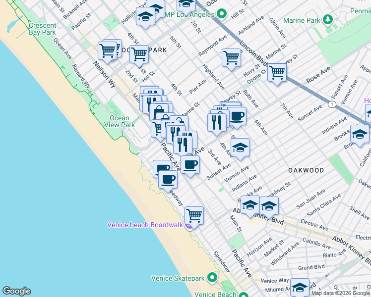 map of restaurants, bars, coffee shops, grocery stores, and more near 234 Hampton Drive in Los Angeles
