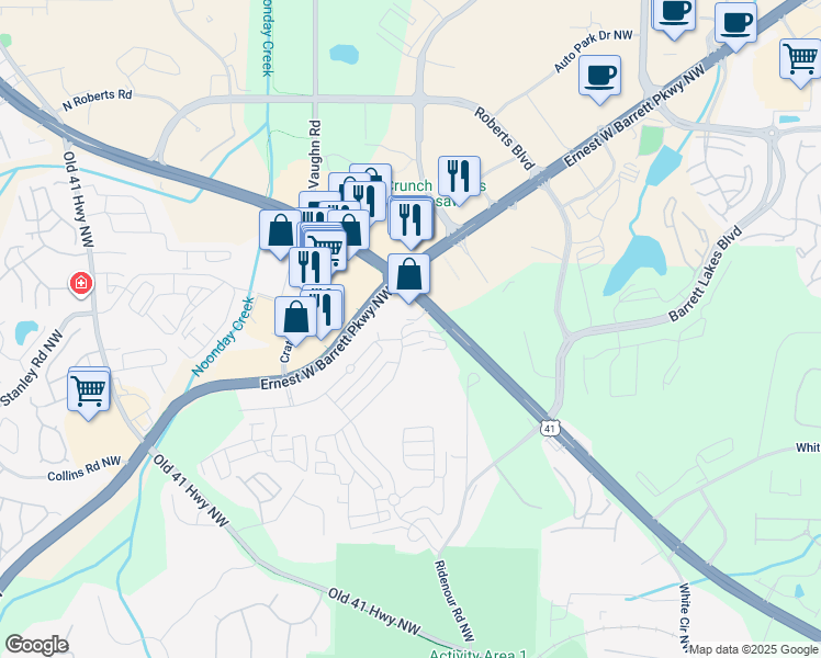 map of restaurants, bars, coffee shops, grocery stores, and more near 1186 Ridenour Boulevard in Kennesaw