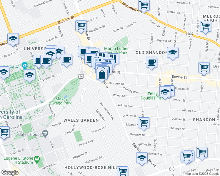 map of restaurants, bars, coffee shops, grocery stores, and more near 518 Harden Street in Columbia