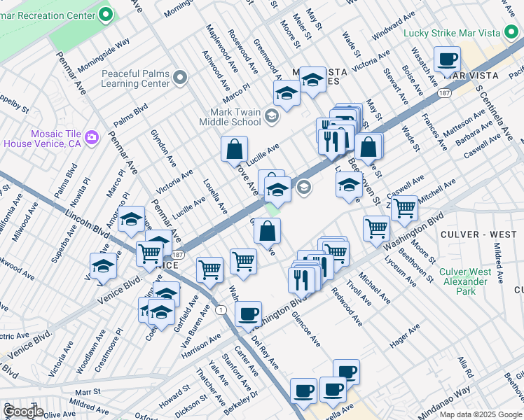 map of restaurants, bars, coffee shops, grocery stores, and more near 1620 Venice Boulevard in Los Angeles