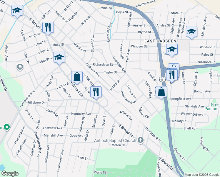 map of restaurants, bars, coffee shops, grocery stores, and more near 1323 Barksdale Street in Gadsden