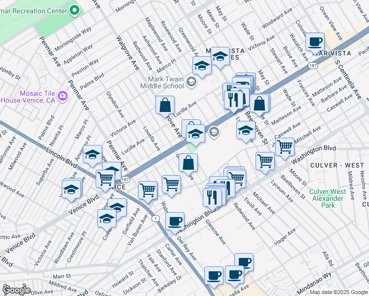 map of restaurants, bars, coffee shops, grocery stores, and more near 1620 Venice Boulevard in Los Angeles