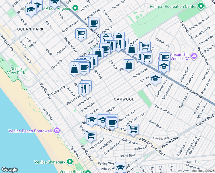 map of restaurants, bars, coffee shops, grocery stores, and more near Vernon Avenue & 6th Avenue in Los Angeles