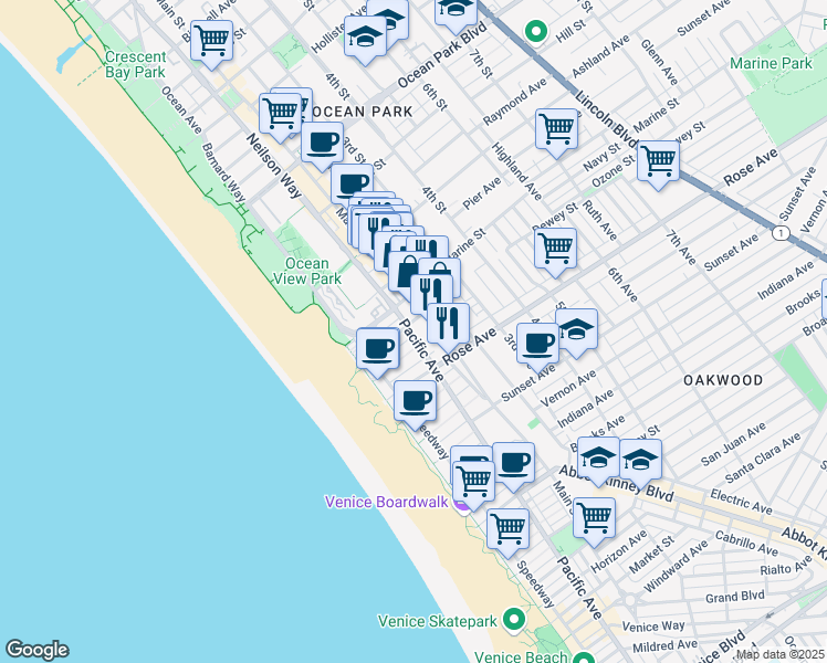 map of restaurants, bars, coffee shops, grocery stores, and more near 51 Ozone Avenue in Los Angeles