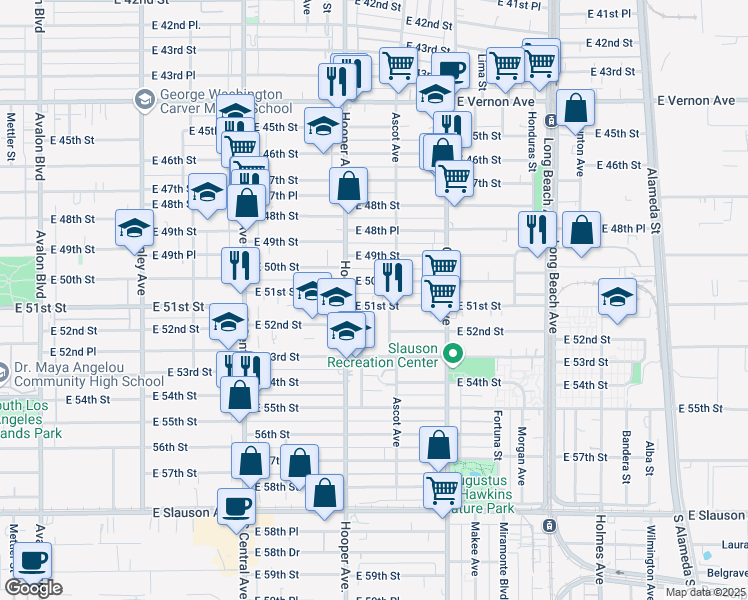 map of restaurants, bars, coffee shops, grocery stores, and more near 1351 East 51st Street in Los Angeles