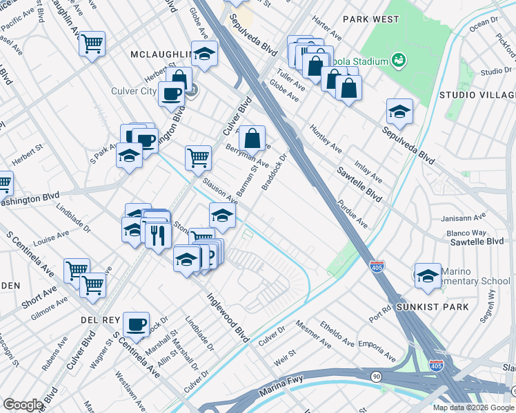 map of restaurants, bars, coffee shops, grocery stores, and more near 11570 Braddock Drive in Culver City