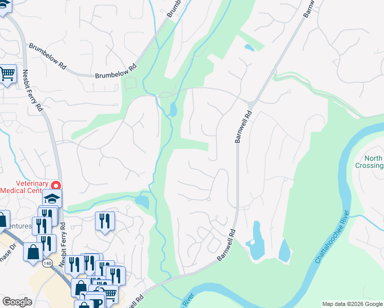 map of restaurants, bars, coffee shops, grocery stores, and more near 555 Matterhorn Way in Alpharetta
