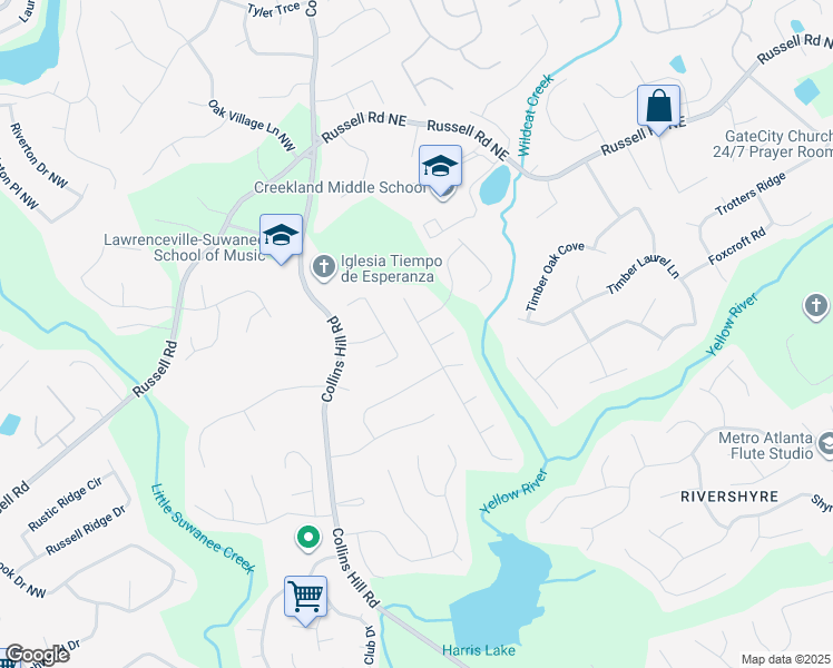 map of restaurants, bars, coffee shops, grocery stores, and more near 1574 Glenfield Drive in Lawrenceville