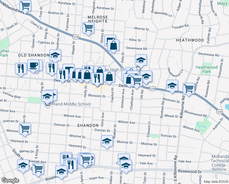 map of restaurants, bars, coffee shops, grocery stores, and more near 614 Capitol Place in Columbia
