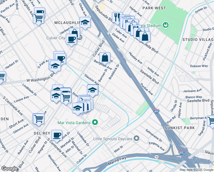 map of restaurants, bars, coffee shops, grocery stores, and more near 11570 Braddock Drive in Culver City