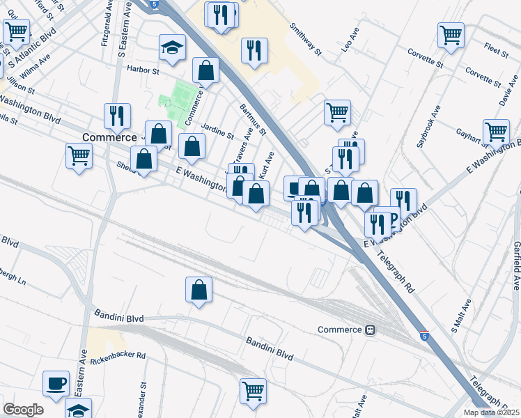 map of restaurants, bars, coffee shops, grocery stores, and more near 5935 East Washington Boulevard in Commerce