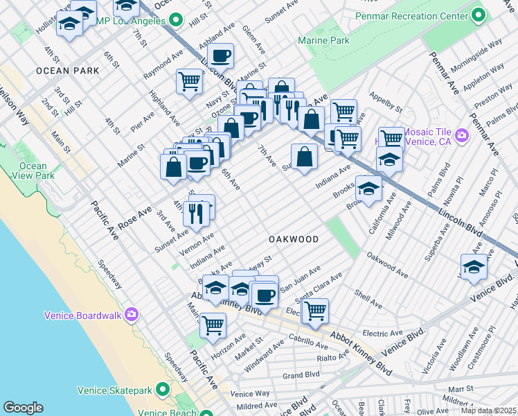 map of restaurants, bars, coffee shops, grocery stores, and more near 702 6th Avenue in Los Angeles