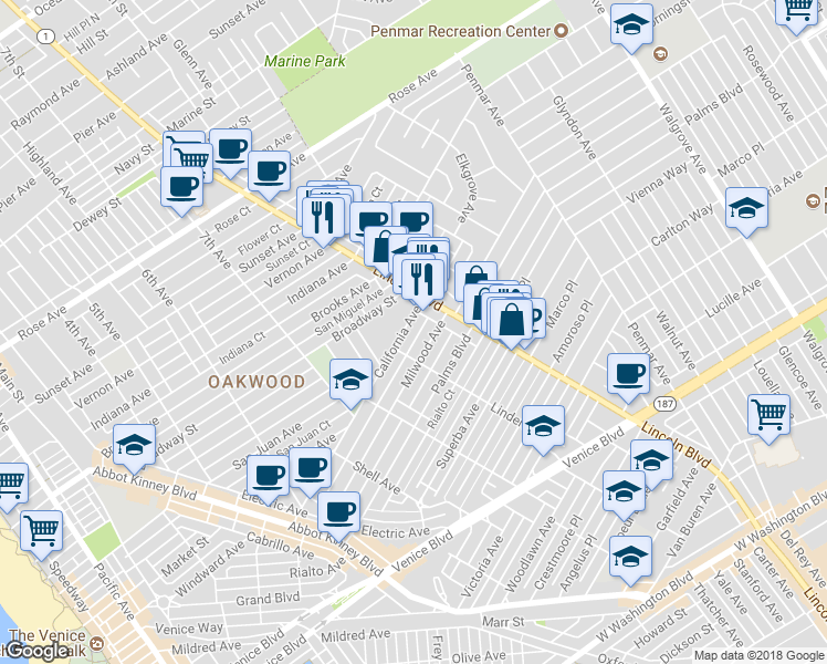 map of restaurants, bars, coffee shops, grocery stores, and more near 926 California Avenue in Los Angeles