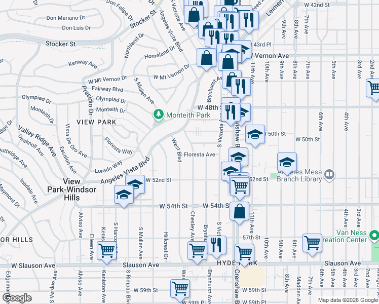 map of restaurants, bars, coffee shops, grocery stores, and more near 4929 Chesley Avenue in View Park-Windsor Hills