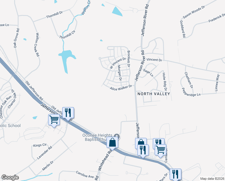map of restaurants, bars, coffee shops, grocery stores, and more near 165 Alice Walker Drive in Athens