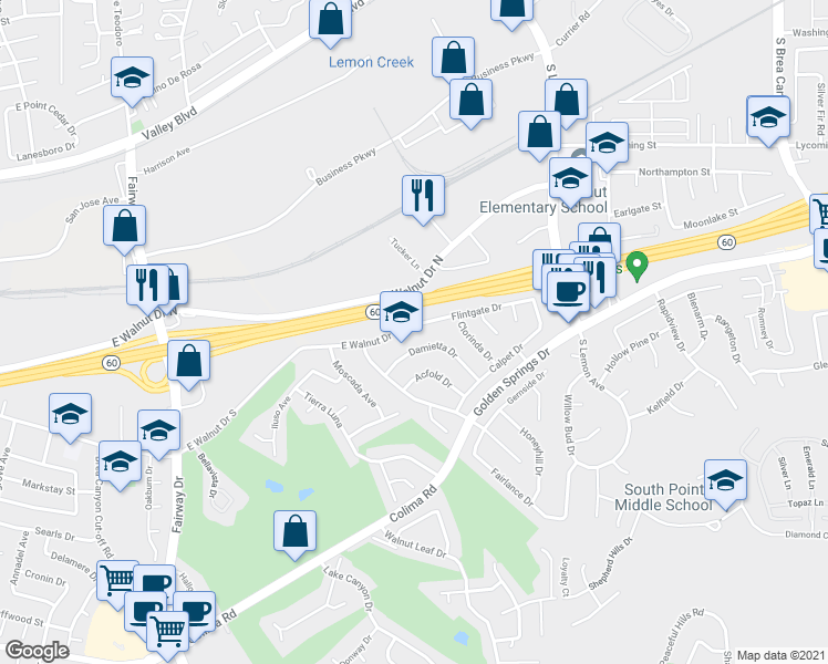 map of restaurants, bars, coffee shops, grocery stores, and more near 20302 Flintgate Drive in Walnut