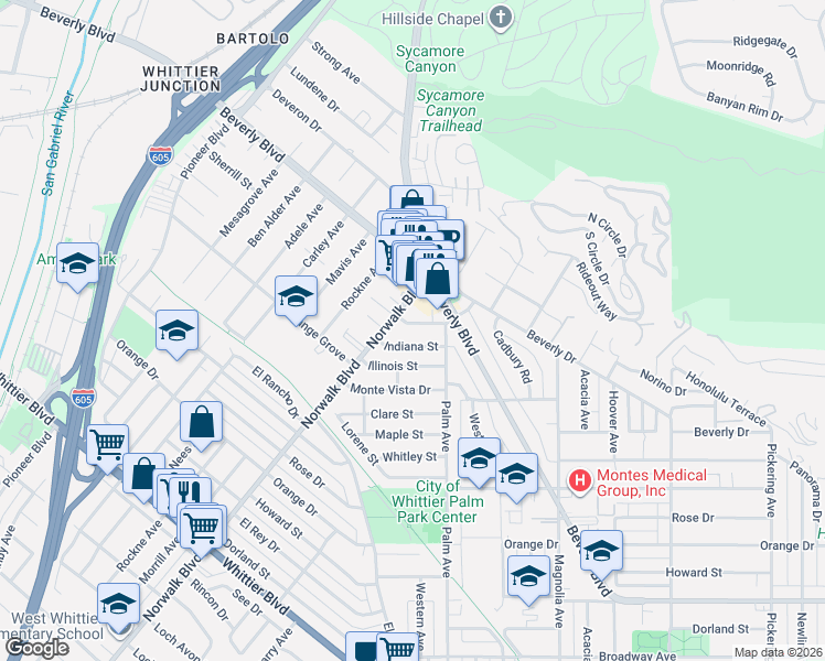 map of restaurants, bars, coffee shops, grocery stores, and more near 10822 Hunter Avenue in Whittier