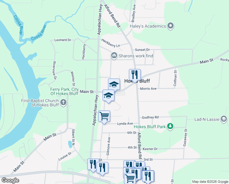map of restaurants, bars, coffee shops, grocery stores, and more near 5375 Main Street in Hokes Bluff