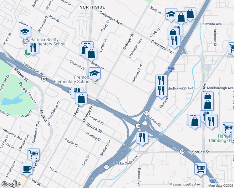 map of restaurants, bars, coffee shops, grocery stores, and more near 1777 Sonic Court in Riverside