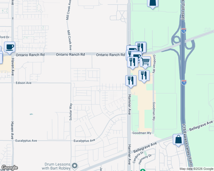 map of restaurants, bars, coffee shops, grocery stores, and more near 11051 Edison Avenue in Ontario