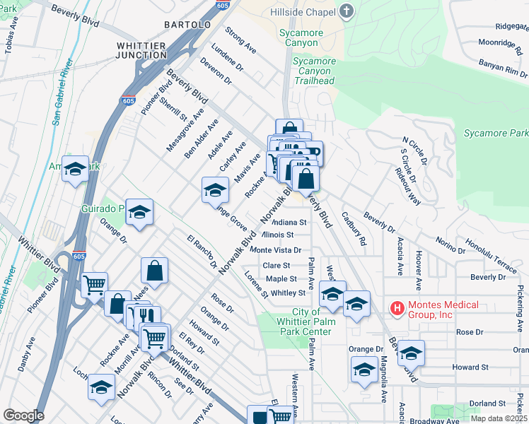 map of restaurants, bars, coffee shops, grocery stores, and more near 10729 Shire Place in Whittier
