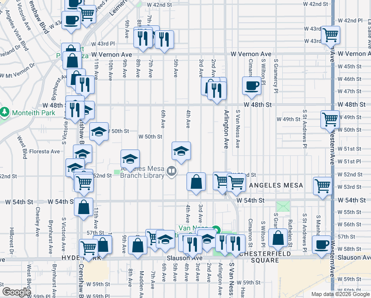 map of restaurants, bars, coffee shops, grocery stores, and more near 5013 4th Avenue in Los Angeles