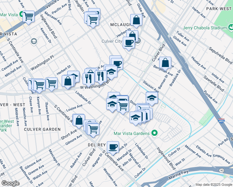 map of restaurants, bars, coffee shops, grocery stores, and more near 11823 Avon Way in Los Angeles