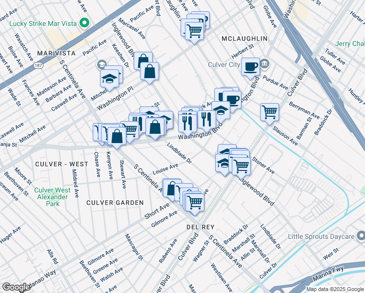 map of restaurants, bars, coffee shops, grocery stores, and more near 12000 West Washington Boulevard in Los Angeles