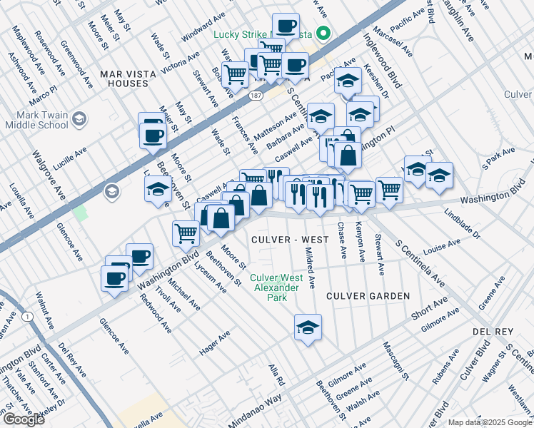 map of restaurants, bars, coffee shops, grocery stores, and more near 12681 Washington Boulevard in Los Angeles