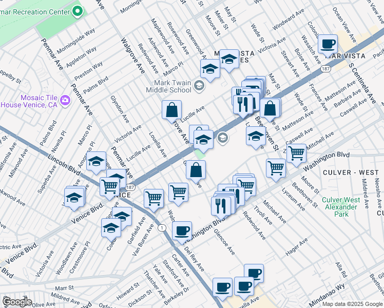 map of restaurants, bars, coffee shops, grocery stores, and more near 13267 Venice Boulevard in Los Angeles