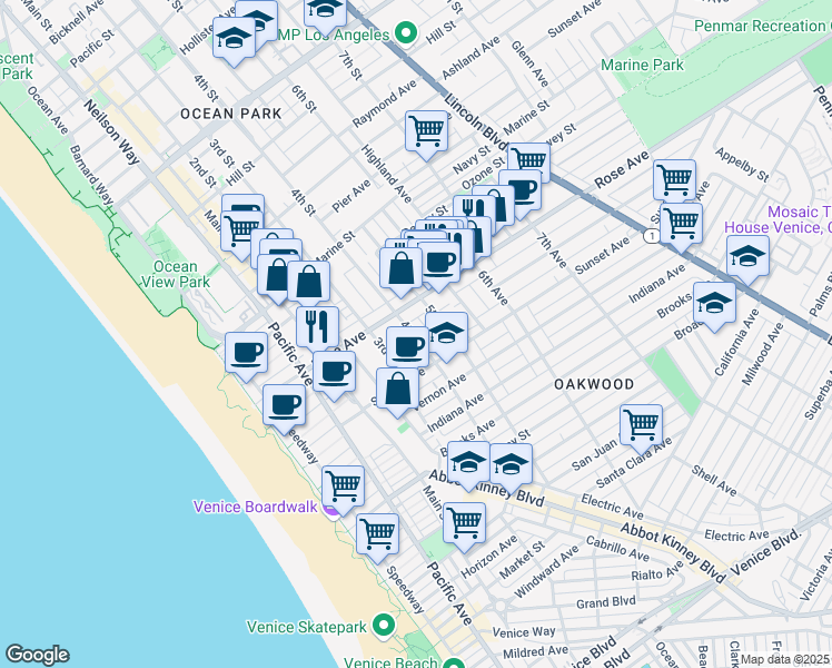map of restaurants, bars, coffee shops, grocery stores, and more near 412 Rose Avenue in Los Angeles