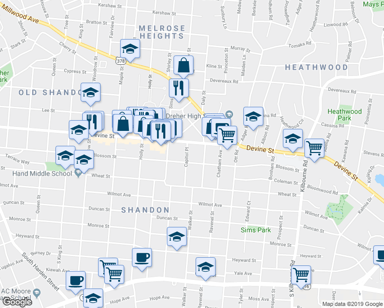 map of restaurants, bars, coffee shops, grocery stores, and more near 3104 Devine Street in Columbia