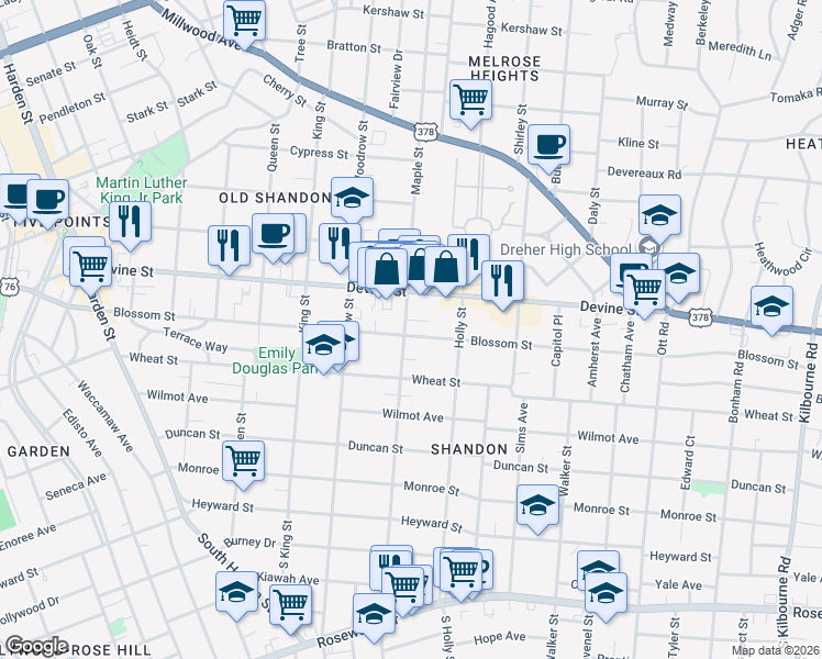 map of restaurants, bars, coffee shops, grocery stores, and more near 2803 Shandon Place in Columbia