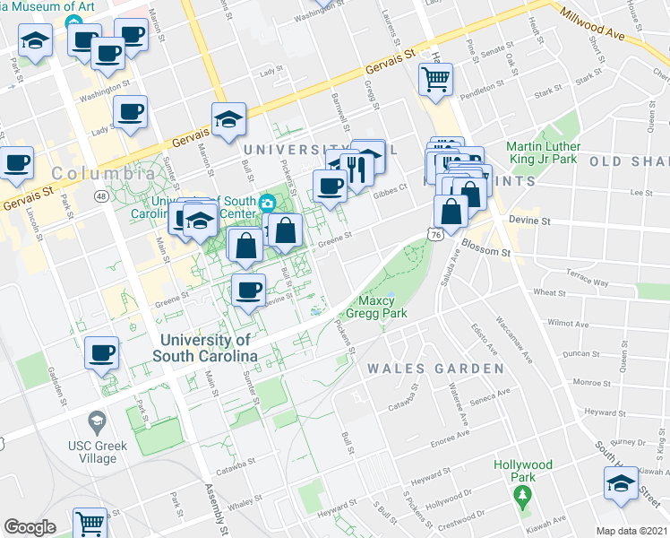 map of restaurants, bars, coffee shops, grocery stores, and more near 709 Henderson Street in Columbia