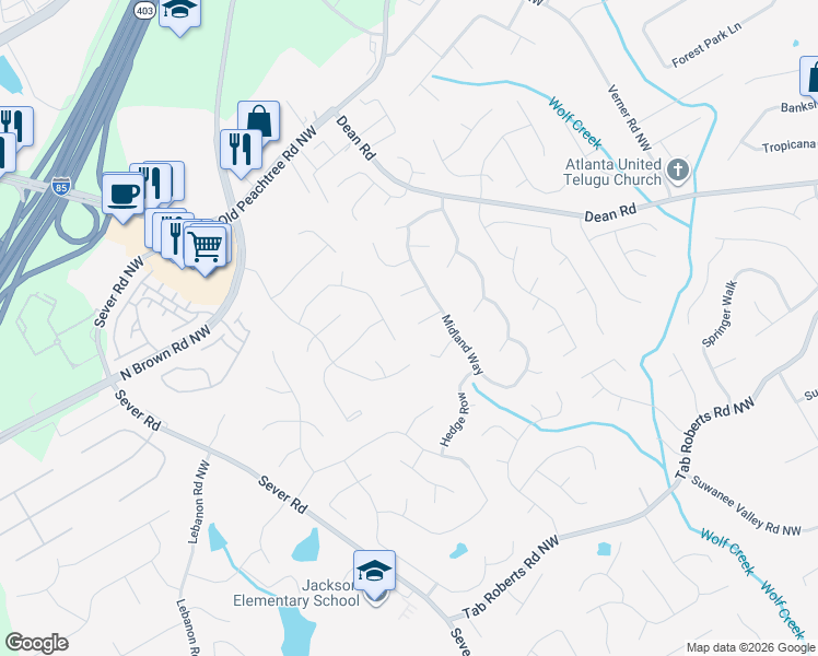 map of restaurants, bars, coffee shops, grocery stores, and more near 1181 Malvern Hunt Court in Lawrenceville