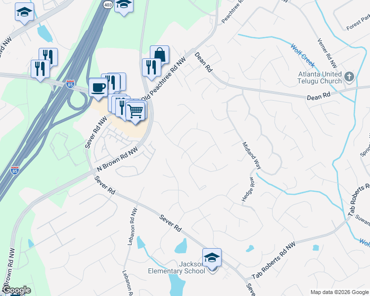 map of restaurants, bars, coffee shops, grocery stores, and more near 2415 Summit Oaks Court in Lawrenceville