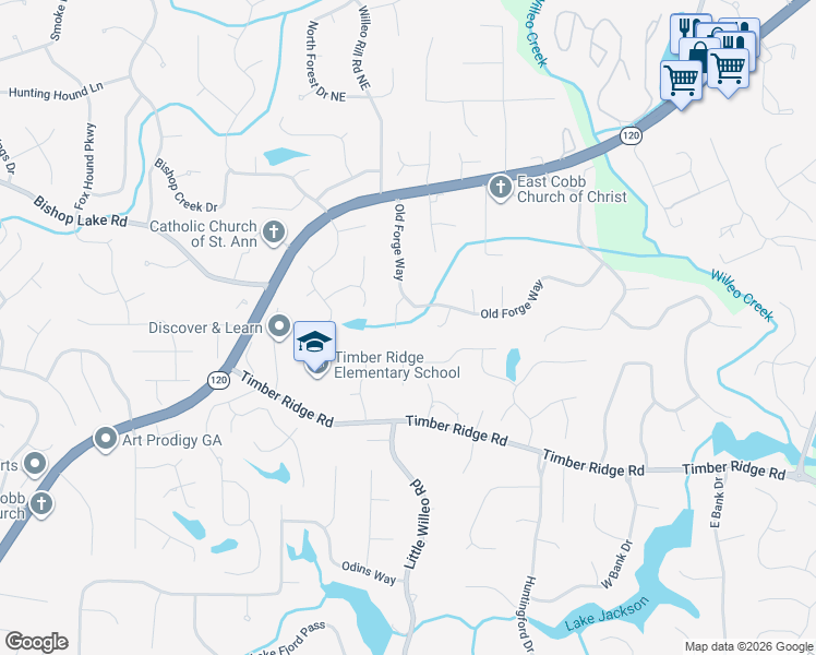 map of restaurants, bars, coffee shops, grocery stores, and more near 2065 Old Forge Way in Marietta