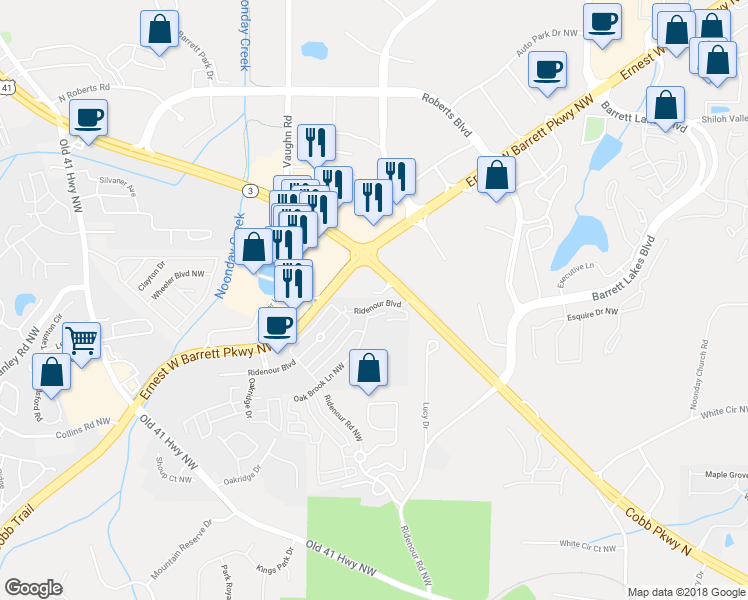 map of restaurants, bars, coffee shops, grocery stores, and more near 1186 Ridenour Boulevard in Kennesaw