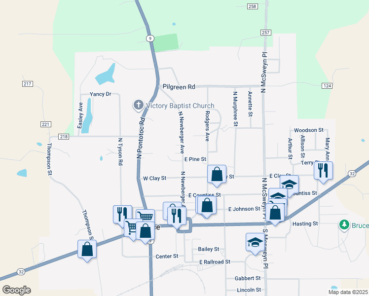map of restaurants, bars, coffee shops, grocery stores, and more near 433 North Newberger Avenue in Bruce
