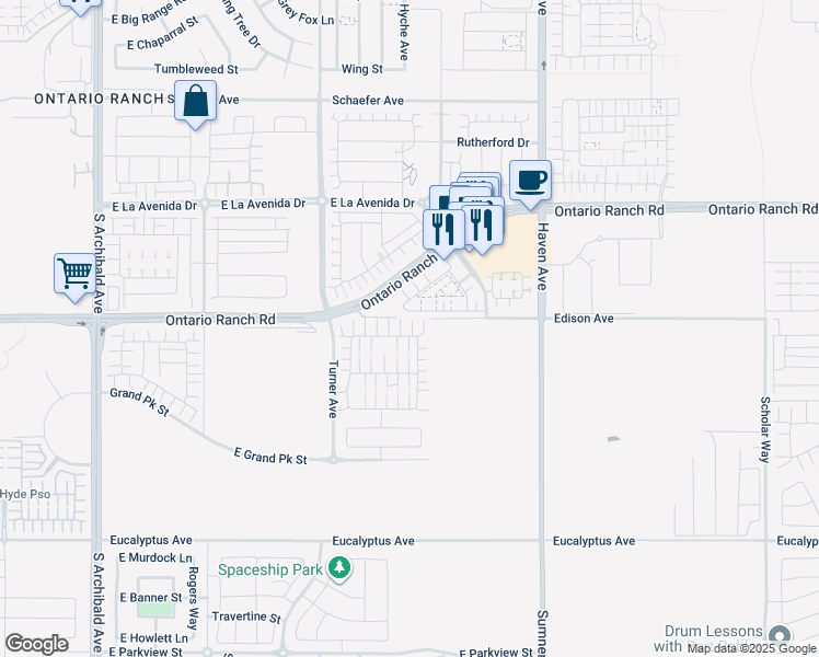 map of restaurants, bars, coffee shops, grocery stores, and more near 3245 East Mount Rainier Drive in Ontario