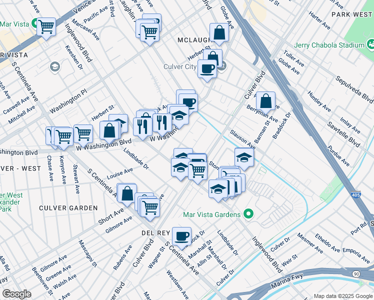 map of restaurants, bars, coffee shops, grocery stores, and more near 11905 Avon Way in Los Angeles