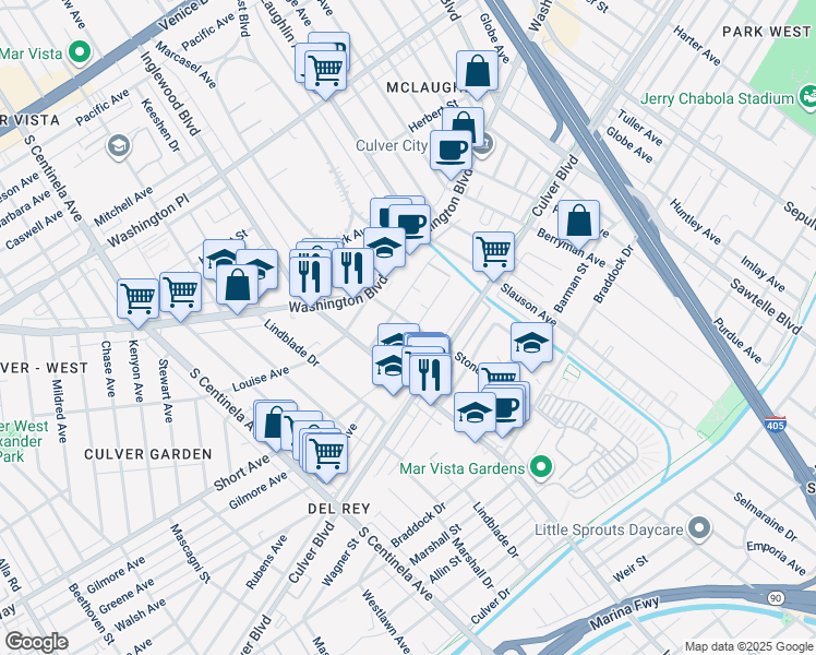 map of restaurants, bars, coffee shops, grocery stores, and more near 11905 Avon Way in Los Angeles