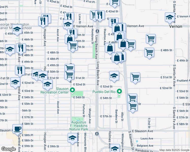 map of restaurants, bars, coffee shops, grocery stores, and more near 5053 Long Beach Avenue in Vernon