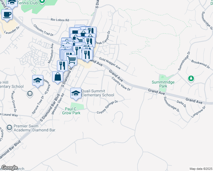map of restaurants, bars, coffee shops, grocery stores, and more near 1523 Autumn Hill Road in Diamond Bar