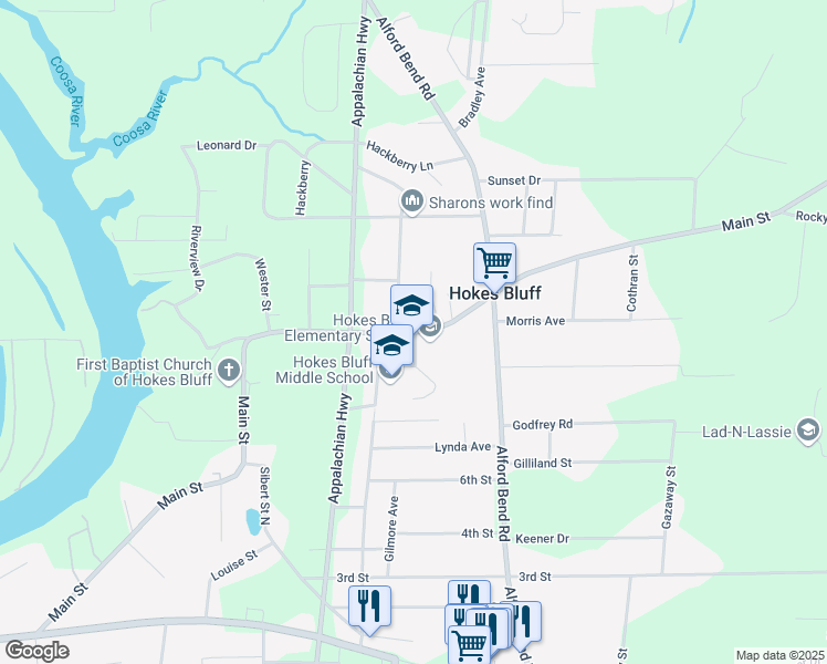 map of restaurants, bars, coffee shops, grocery stores, and more near 5375 Main Street in Hokes Bluff