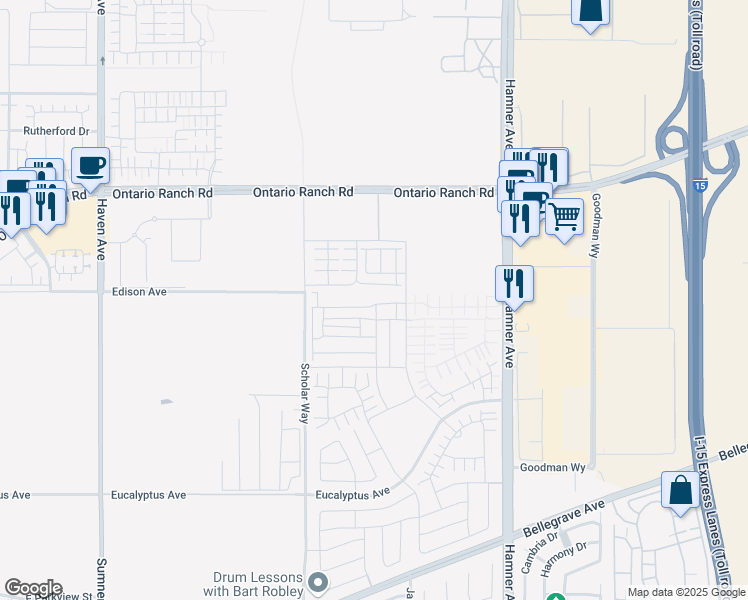 map of restaurants, bars, coffee shops, grocery stores, and more near 4225 East Carmel Privado in Ontario