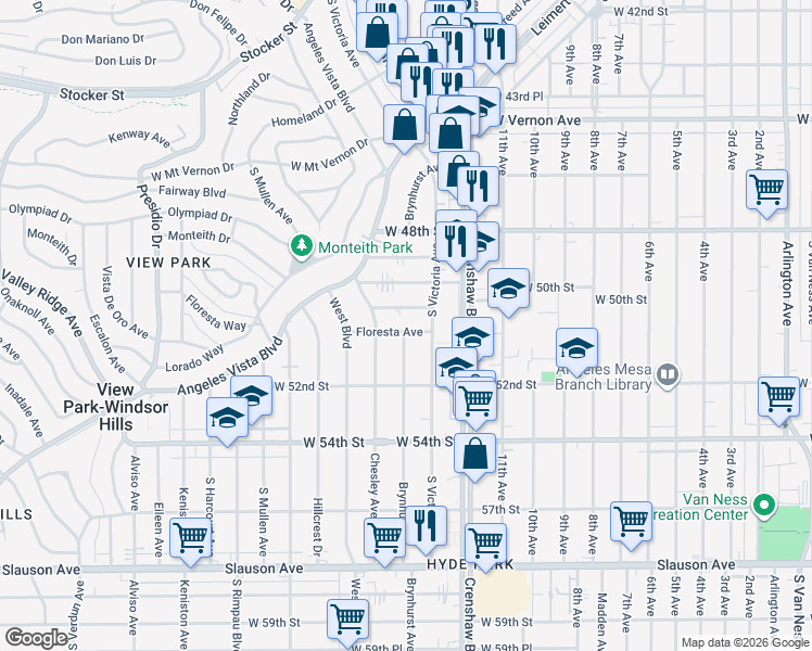 map of restaurants, bars, coffee shops, grocery stores, and more near 3477 Floresta Avenue in View Park-Windsor Hills